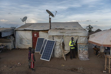 Solar panels that power a TV hall called the 'VIP Video Hall' owned by Taban John (34) from Yumbe. The 'VIP Video Hall' is in Bidibidi Refugee Settlement, zone 2 (Swinga)