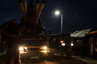 Vehicles illuminated by a solar powered light in the Kutapalong mega refugee camp. Solar power has enabled some parts of the camp to operate after dark however, a majority of households (57%) reported...
