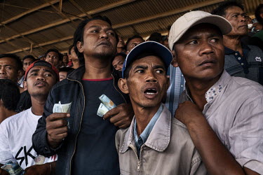 Men watch a race and gamble illegally amongst themselves in the grandstand during a final race of the Regional Police Chief Cup 2019 in which child jockeys aged between 5 and 10 are used, in Bima, Sum...