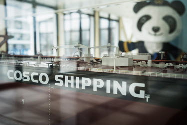A model of a cargo ship on display in the office of Cosco and the Piraeus Port Authority (PPA) in the port of Piraeus.