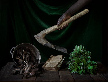 A table in Marie's house with Amaranth leaves, a pot full of 'termite' wood, a hymn book and a hoe. Termite wood is used as a traditional cure for stomach ache which she uses to treat her children. Am...