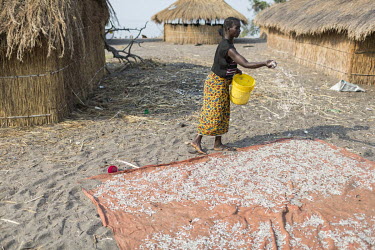 A woman spreads out small fish caught on Lake Mweru to dry.  At around five o'clock in the afternoon, fishermen prepare to go out on Lake Mweru. They use floating oil lamps to attract small fish at ni...