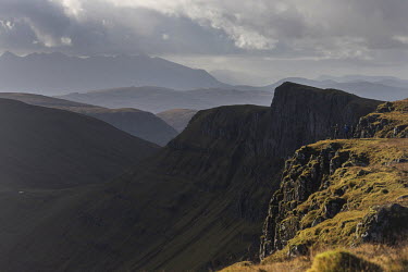 Looking south toward the Cuillin ridge (left in distance) on the Trotternish Ridge near Lealt on the northern section of the Skye trail.