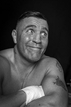Andy Roberts, who his won fight against Danny Leadbetter, at the Ultimate Bare-Knuckle boxing competition at Manchester's Bowlers Exhibition Centre, Old Trafford.