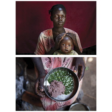Adut Gerang (23) with a meal of sorghum and kudra that she will give to her children. Her family eat the same thing twice a day, but there can also be long periods of time without food. ''I can go thr...