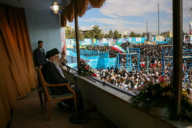 Iranian supreme leader Ayatollah Ali Khamenei, delivers a speech during his visit to the city of Semnan.