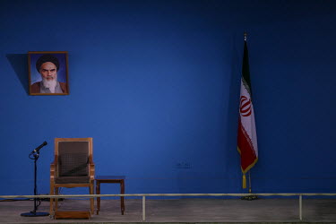 The stage laid out for a visit and speech by Ayatollah Ali Khamenei at a military academy.