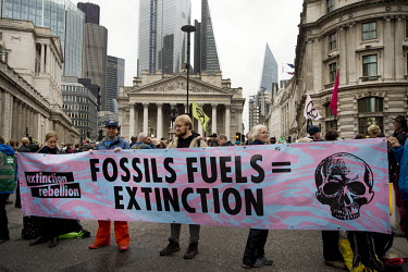 An Extinction Rebellion protest in Bank highlighting the impact that the financial sector's investment in fossil fuels, intensive farming and logging is having upon the environment and the Global Sout...