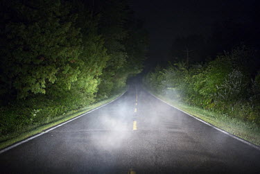 A foggy roadway along the Canada/US border.