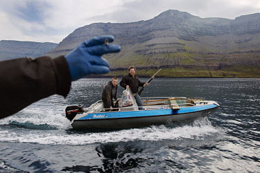 Two young men return from hunting by boat to Hvannasund harbour.