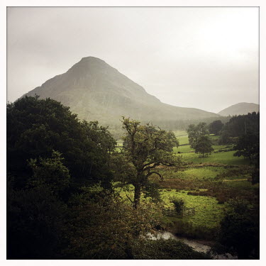 Mellbreak hill in the rain at Loweswater near Crummock Water in the Lake District National Park.
