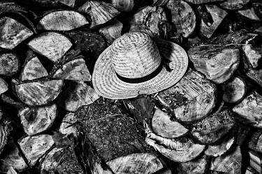 An Amish man's straw hat lying on a pile of fire wood.