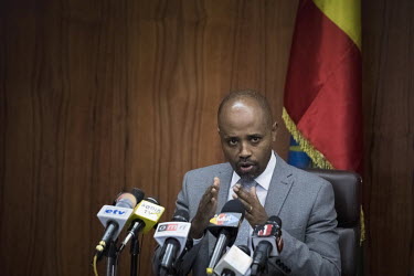 Dr. Eyob Tekalgn Tolina, State Minister of Ethiopia's Ministry of Finance, during a press conference explaining the privatisation of state owned companies such as Ethiopian Airlines and Ethio Telecom...