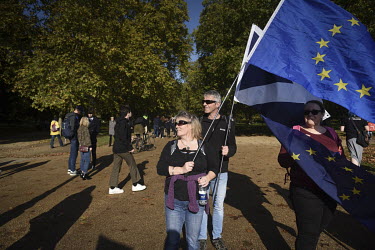 Leslie (50) and her husband Jonathan (54) from Scotland, prepare to march from Hyde Park to Parliament Square, Westminster, during a 'People's Vote' rally.