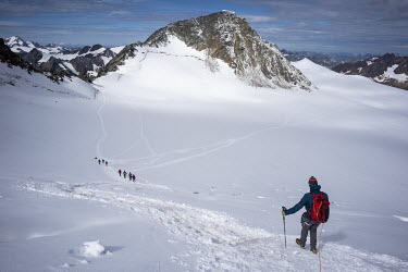 Alpinists crossing a glacier on their way back from the summit of Wildspitze, the highest peak of Austrian Tirol, at 3774 metres.
