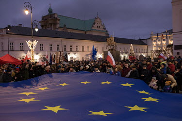 A giant EU flag is carried during the 'March of a thousand robes', in support of Polish judges who are fighting a proposed new law that the government want to introduce that curbs the independence of...