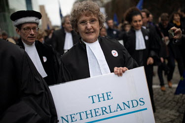 Visiting Dutch judges outside the Polish Supreme Court where they are attending the so-called 'March of a thousand robes', in support of Polish judges who are fighting a proposed new law that the gove...