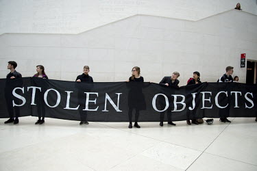 A protest in the British Museum's Great Court where more than 300 people staged a 'creative takeover' of the space to protest at BP's sponsorship of the exhibition 'I am Ashurbanipal', which features...