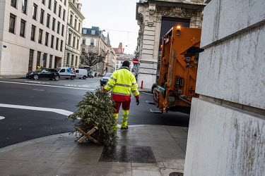 Collection of Christmas trees by a dedicated rubbish truck, searching the streets of Geneva for discarded trees.The trees are compacted in the truck and transferred to a site for burning with other co...