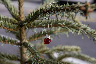 The remains of decoration on a Christmas tree discarded on the street in Geneva.