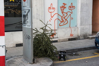 A Christmas tree discarded on the street in Geneva.
