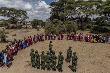 The group of female rangers from IFAW (International Fund for Animal Welfare) is introduced to women from the Maasai community by Patrick Papatiti, a renowned ex-'Moran' (Maasai warrior). One of the a...