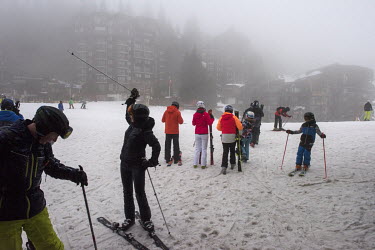 Skiers at the high level ski resort of Avoriaz, which at 1800 metres is less exposed to lack of snow than many other resorts although even there, roughly half the snow throughout the season is produce...
