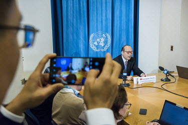 Chen Yu, the Chinese Ambassador to the UN and other International Organisations in Geneva, holding a press conference at the Palais des Nations, in support of the Chinese candidate to head the World I...
