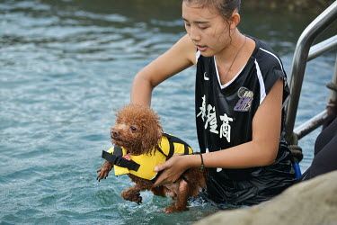 A woman with her dog in a specialised 'Pet Swimming Pool' one of the protected seawater pools at Heping Island Park on Taiwan's northeast coast.