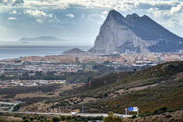 The Rock of Gibraltar, and in the distance, North Africa, seen from the southern tip of Spain.