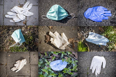 A collage of discarded face masks and rubber gloves thrown away near the Brugmann University Hospital in Brussels.  Following the spread of the coronavirus around many European countries, people have...