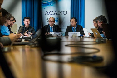 An extremely rare press briefing, on the coronavirus situation, by Chen Xu, the Chinese Ambassador to the UN in Geneva at the Palais des Nations to members of ACANU (Association of Correspondents to t...
