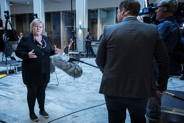 Prime Minister Erna Solberg records an interview during a press conference to present the Corona Commission, set up to evaluate the Norwegian response to the crisis.