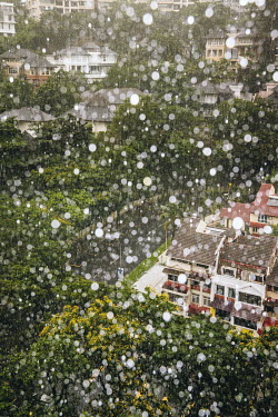 Rain falls in a residentail area of the city.
