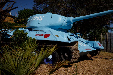 A former Soviet T34 tank, that has stood on private ground in Bermondsey for many years, painted blue in honour of the NHS during the coronavirus pandemic.