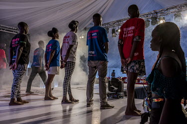 A stage rehearsal two hours before the 16 candidates taking part in the Y+ beauty contest contest the final. The Y+ beauty contest is national competition with the message that people with HIV can als...
