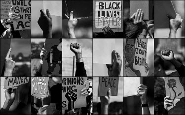 A collage of people's hands holding signs and protesting at a demonstration in Gothenburg in support of the Black Lives Matter movement following the death in custody of George Floyd in Minneapolis.