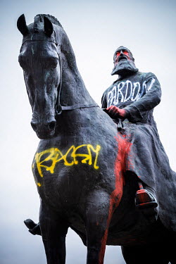 A statue of King Leopold II (1835 - 1909), King of the Belgians, that has been defaced in the wake of worldwide protests in support of Black Lives Matter following the death in custody of George Floyd...