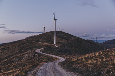 Wind turbines line a ridge in the Serra do Acor mountains. In 2019, wind power accounted for 27.5% of the country's total energy production.