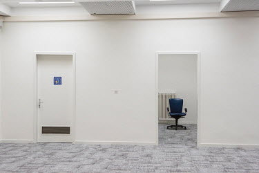 A sticker indicates a room as demarcated for a single user. All rooms in the complex have been given a number limit as preparations at the Palais des Nations, the UN office in Geneva (UNOG), are made...
