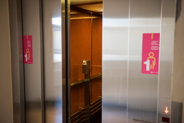 All lifts, even large ones such as this one have been demarcated for single use, and hand gel dispensers have been placed in or by lifts as preparations at the Palais des Nations, the UN office in Gen...