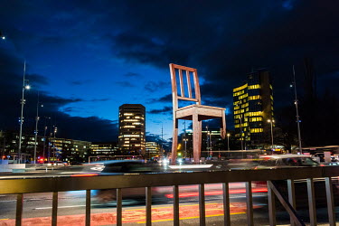 The Broken Chair statue on the Place des Nations outside the UN in Geneva. Standing on three legs, the fourth being shattered halfway, it evokes the fate of anti-personnel mine victims and calls on st...