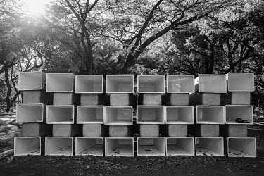 Drawers used in the construction of a vertical cemetery for the burial of victims of Covid-19 in the southern part of Sao Paulo.