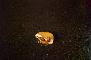 A half-eaten hamburger discarded in Times Square.
