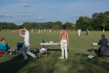 A cricket match in the village of Grantham on 12 July 2020, the first weekend when outside sports matches were allowed to resume following some easing of the coronavirus lockdown restrctions provided...
