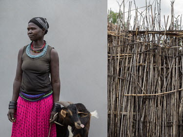 Miriam Aveman in Nawakorot B village with one of her goats. Her village has been the target of night-time raids, where animals are stolen. To guard against this the community takes their goats to a mi...