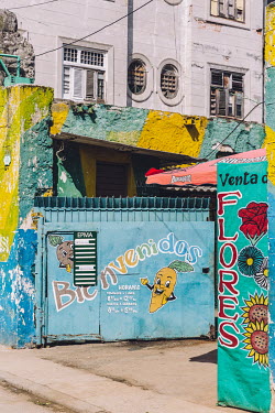 A colourful mural at the entrance to a flower and fruit market.