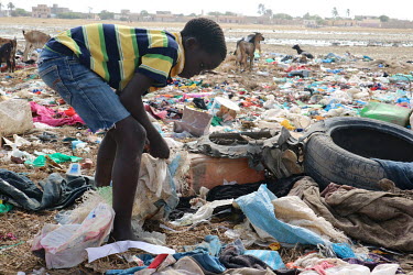 A 'Talibe' (children who study the Koran at a school known as a 'Daara' and must beg or scavenge to feed themselves) scavenging in a dump in an impoverished suburb of the city.