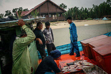 Fishermen looking at their meagre catch after a night out on the sea.