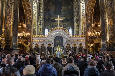 Worshippers attend a morning service led by Patriarch Filaret at Kiev's Volodymyrsky Cathedral.
